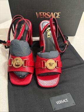 BNIB Authentic Versace Red Snake Heels with Gold Medusa Accent